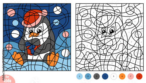 Cute penguin with Christmas gift on winter background color by number page. Educational activity game for preschool and kindergarten children to learn numbers and colors