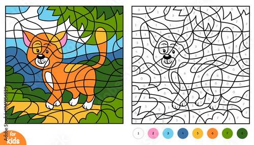 Cute ginger cat walking outdoors color by number page for kids. Educational activity game for preschool and kindergarten children to learn numbers and colors. Square worksheet