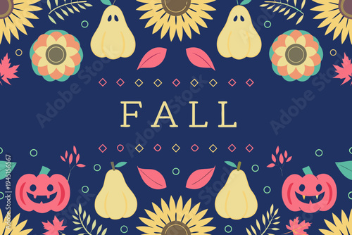 Festive fall illustration featuring pumpkins pears sunflowers and colorful leaves