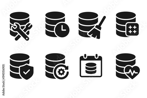 Database Icons Grid. Database maintenance. Filled icon set of Database maintenance: maintenance tools,