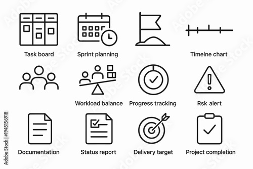IT Management Icons. IT project management. Line outline icon set of IT project management: task board, sprint