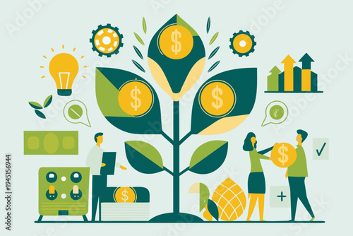 Financial growth concept with plant money and people working together