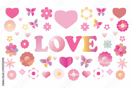 A colorful arrangement of hearts flowers butterflies and the word love