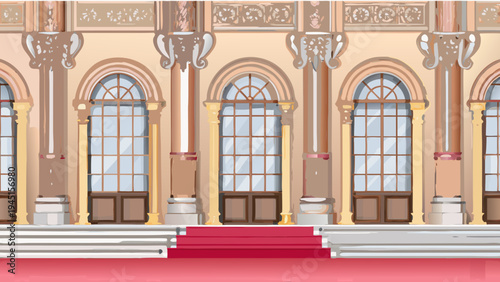 Ornate palace facade with arched windows and a red carpet