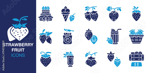 Strawberry Fruit icon set. Containing strawberry, fresh, fruit, berry, food and more. Solid vector icons collection. Vector illustration.