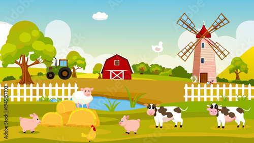 A cheerful cartoon farm scene with animals a windmill and a red barn