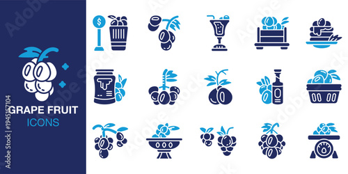 Grape Fruit icon set. Containing juicy, organic, healthy, nutrition, vitamin, antioxidant and more. Solid vector icons collection. Vector illustration.