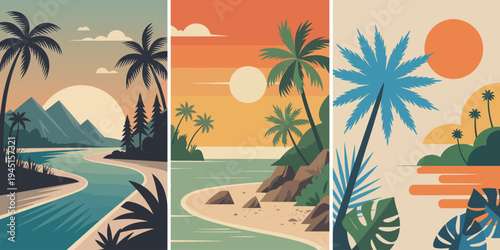 Palm river mountain landscape illustration, stylized tropical nature artwork featuring winding river palm trees blue green mountains and soft mint sky.