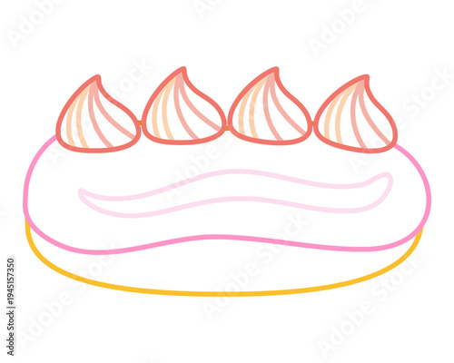 Eclair pastry with cream in bold colorful outline. Flat vector illustration isolated on white background. Fun dessert coloring page for kids books. Easy activity worksheet