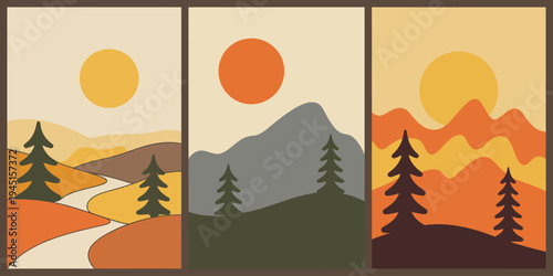 Abstract mountain landscape illustration, modern triptych style artwork featuring winding path pine trees and gray mountain peaks in earthy tones.
