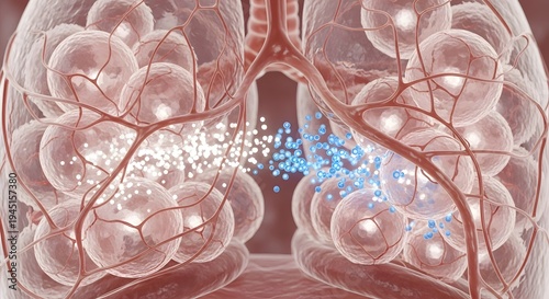 Microscopic view of alveoli in lungs with particles entering and exiting