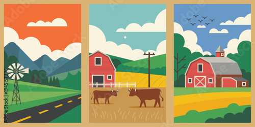 Rustic farm countryside illustration, triptych style rural scene with windmill rolling hills red barn white picket fence and warm sunset sky.