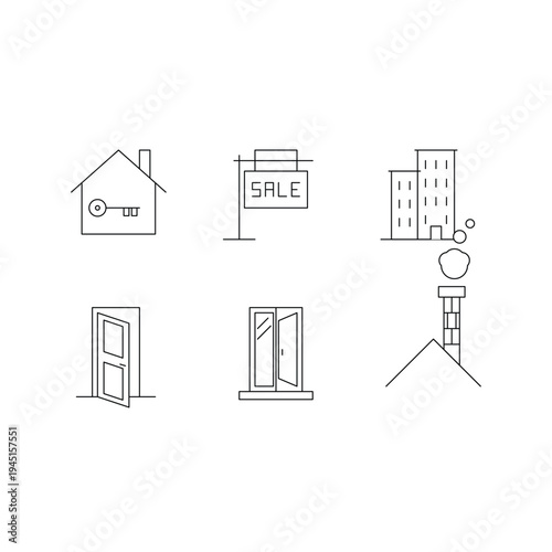 Set of 5 real estate icons vector, line style, black and white
