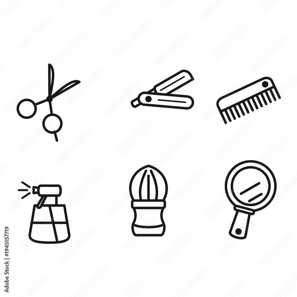 Fototapeta premium Set of 6 black line icons - hairdressing tools, vector