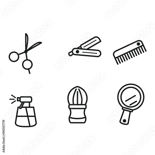 Set of 6 black line icons - hairdressing tools, vector