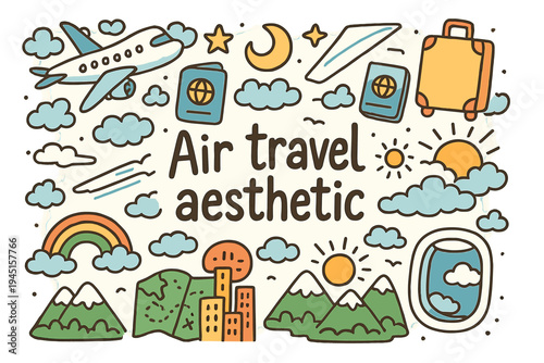 Air Travel Doodles. Air travel aesthetic. Hand-drawn doodle illustration of air travel aesthetic. Airplane,