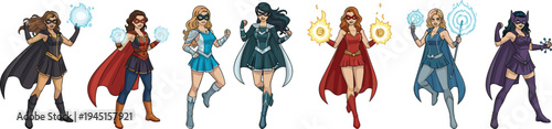 Vector illustration of diverse female superheroes with magical powers, capes, and energy effects for fantasy and creative artwork 