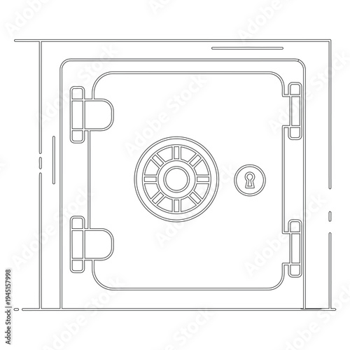 Minimal line of a safe vault door with dial and keyhole security