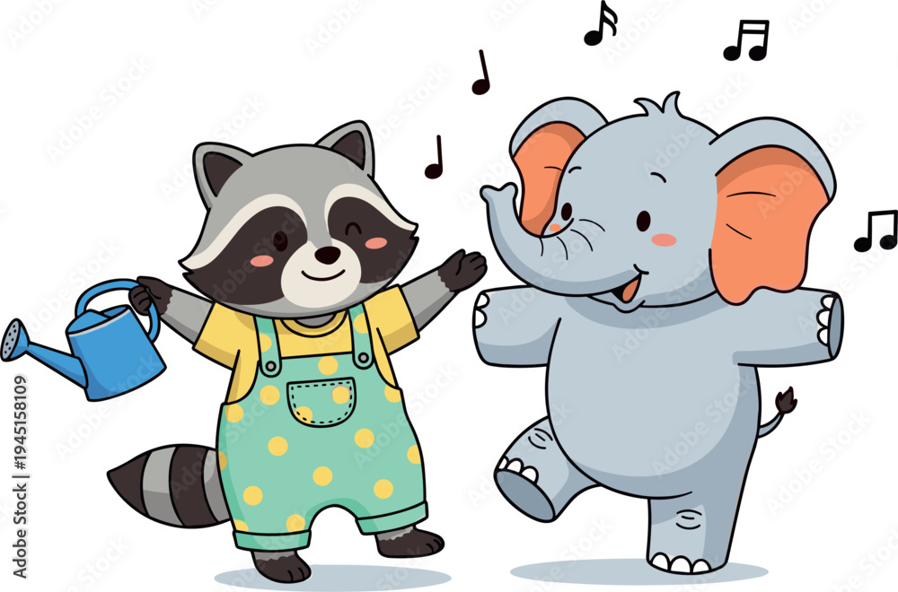 Naklejka premium Cute raccoon and elephant cartoon characters dancing together with music notes playful animal friends kids vector illustration