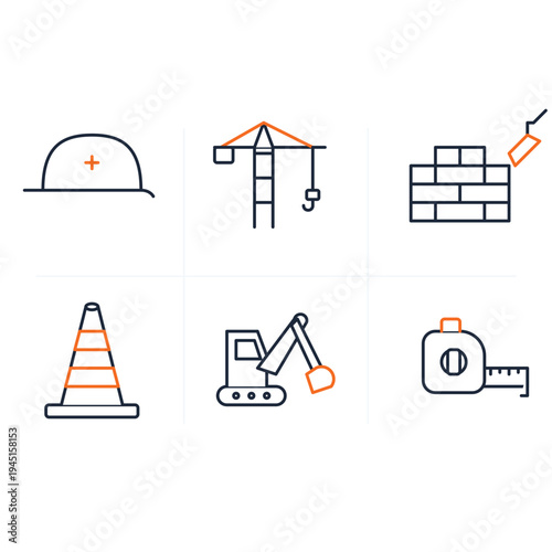 Set of 6 construction icons vector, line style, orange and gray