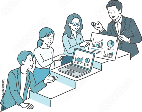 データ分析をもとに意見交換するビジネスチームのミーティングイラスト