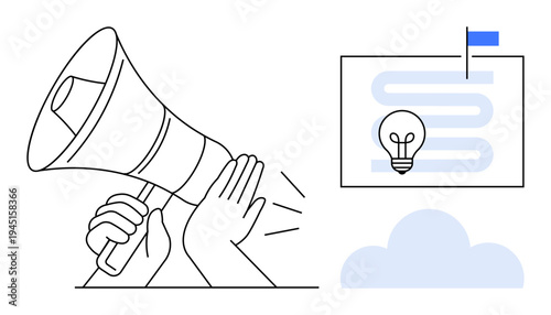 Idea promotion. Loudspeaker signifies communication of ideas and plans, while a lightbulb and roadmap highlight concept development. Idea promotion for marketing, brainstorming, creativity, planning