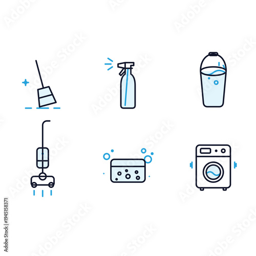 Set of 6 cleaning icons vector, line style, household objects