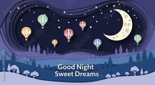 Whimsical Night Sky with Hot Air Balloons.