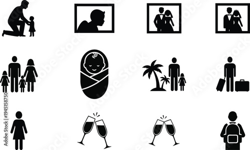 Family and lifestyle flat design vector icon set, diverse people activities, scalable black and white illustrations for web and print
