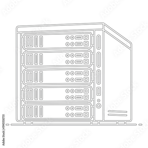 Black and white line of a computer server with multiple disk drives rack data storage