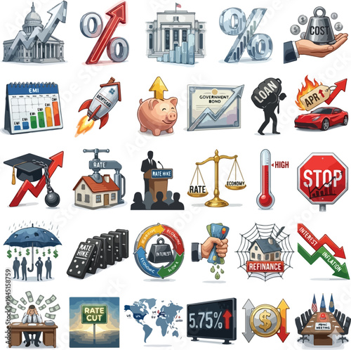 30 Interest Rate Hike Vectors - Central Bank Rate Increase & Financial Graph Pack, interest rate hike, central bank rates, federal reserve, rate increase, borrowing cost, loan interest, mortgage rate,
