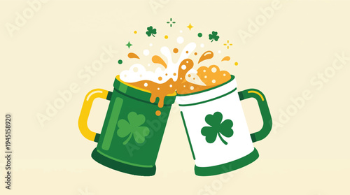 Cheers to St. Patrick's Day with two frothy beer mugs clinking, adorned with shamrocks and a festive green theme