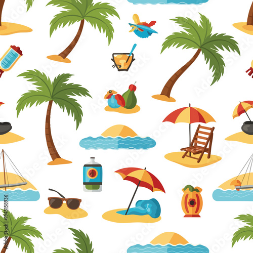 Playful tropical beach scene with palm trees, umbrellas, and beach accessories