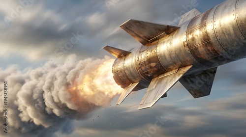 Closeup of a missile launching with fiery exhaust and smoke against a cloudy sky.