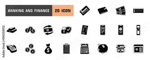 20 Banking and Finance Glyph Icon Illustration Set