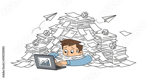 Overwhelmed businessman buried under a mountain of paperwork while working on a laptop, symbolizing stress and workload