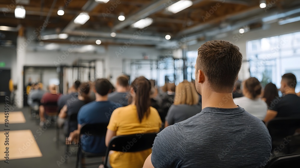 Obraz premium A group of people attending a corporate meeting or presentation in a spacious modern gym like facility