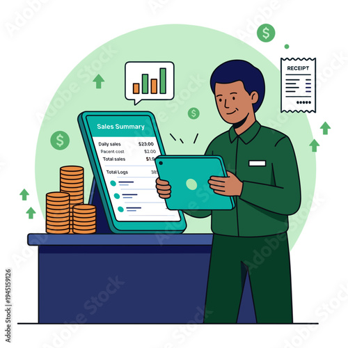 Man presents sales summary on tablet at office desk with money