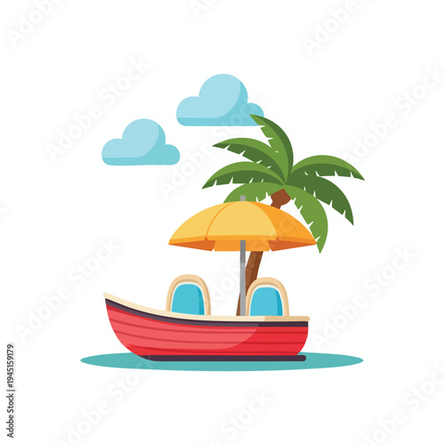 A red boat with seats and an umbrella sits on water near a palm tree and clouds