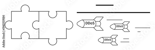 Cybersecurity, online threats, system protection, data breach management, teamwork, digital security. Puzzle pieces and DDoS missiles collaboration and cyber threats. Cybersecurity and online threats