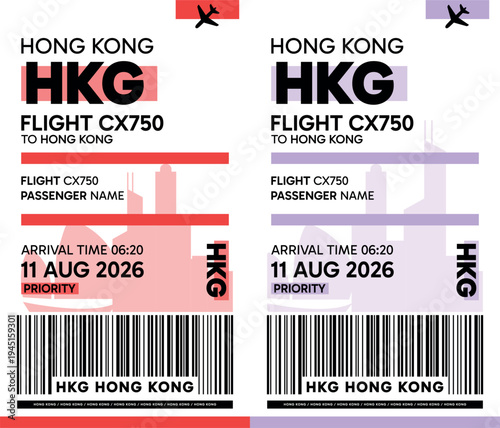 HKG, Hong Kong luggage label, boarding pass template. Vector minimalist illustration with airport code, city destination, flight info. Flat, modern image layout