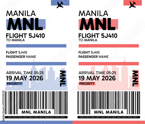 MNL, Manila, Philippines luggage label, boarding pass template. Vector minimalist illustration with airport code, city destination, flight info. Flat, modern image layout