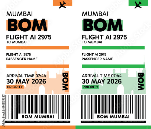 BOM, Mumbai, India luggage label, boarding pass template. Vector minimalist illustration with airport code, city destination, flight info. Flat, modern image layout