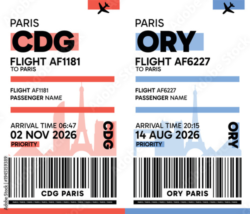 CDG, ORY, Paris, France luggage label, boarding pass template. Vector minimalist illustration with airport code, city destination, flight info. Flat, modern image layout