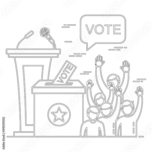 Black and white line people voting at podium with microphone and ballot box line voting