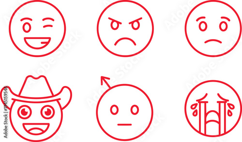 Emotion face expressions set with cowboy and confused icons flat design vector illustration