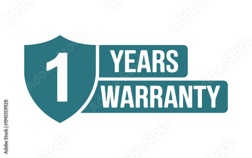 A teal shield graphic displaying 1 year warranty in white text