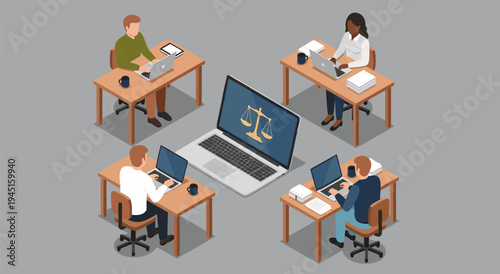 Isometric vector illustration of a remote legal team working on laptops with a digital law icon on a central screen