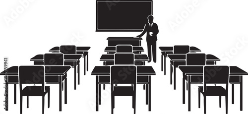 Classroom scene with teacher and empty desks in silhouette vector illustration line art