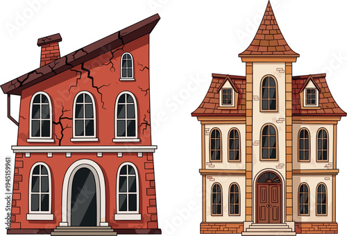 Damaged and restored house comparison vector illustration showing cracked old building versus renovated home architecture improvement concept